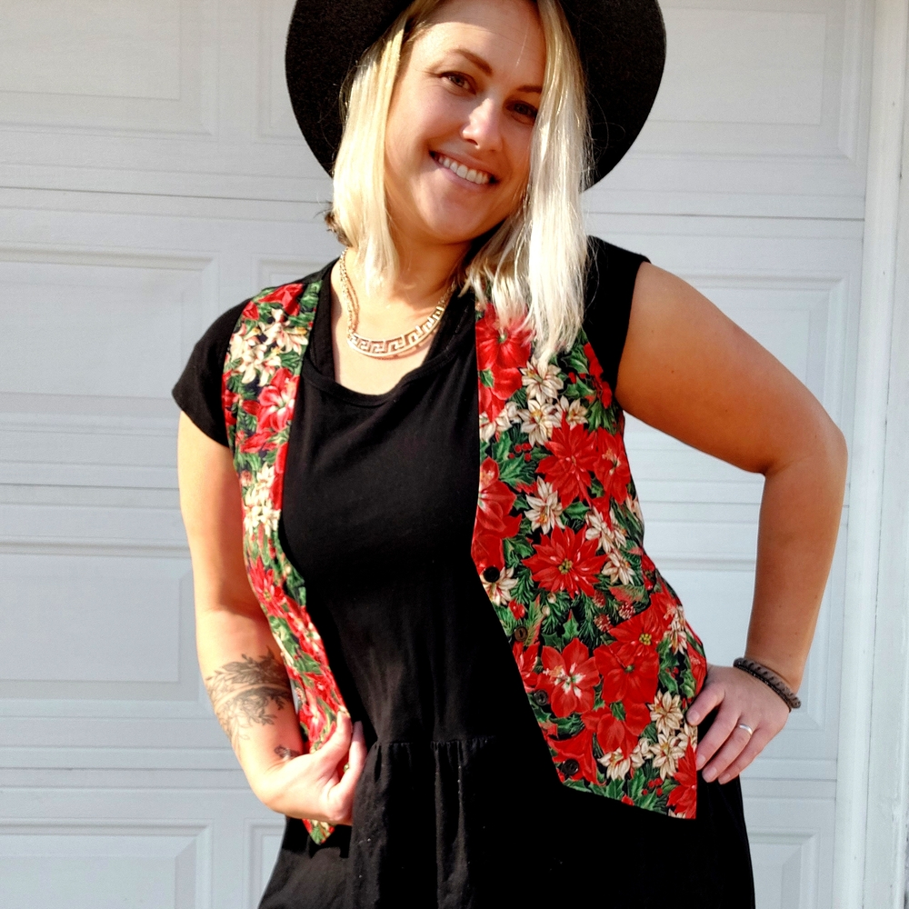 Vintage pointsetta Floral Red Vest for Women Christmas